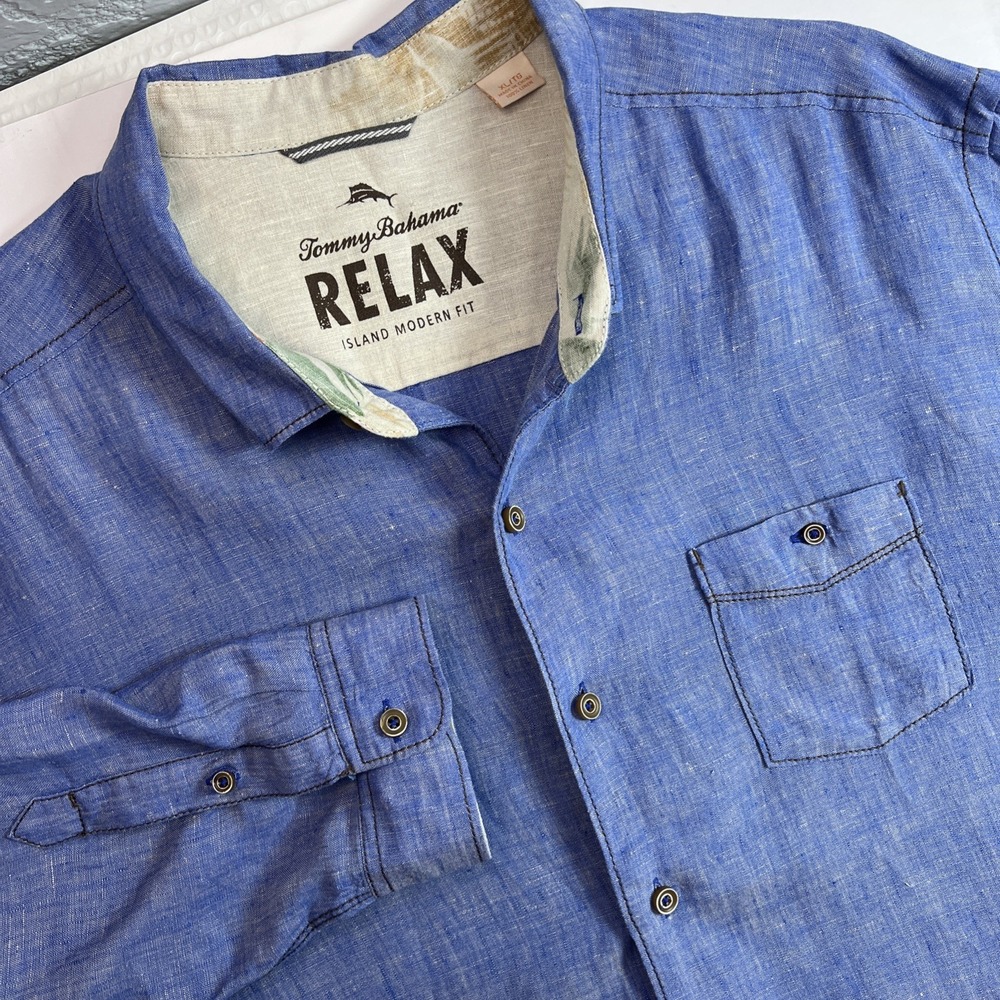 TOMMY BAHAMA "Relax Island Modern Fit" Blue 100% Linen Long Sleeve Shirt Size XL